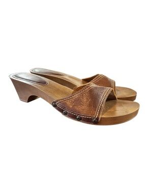 Montego Bay Club Tan Brown Leather Slide Sandals with Stud Trim